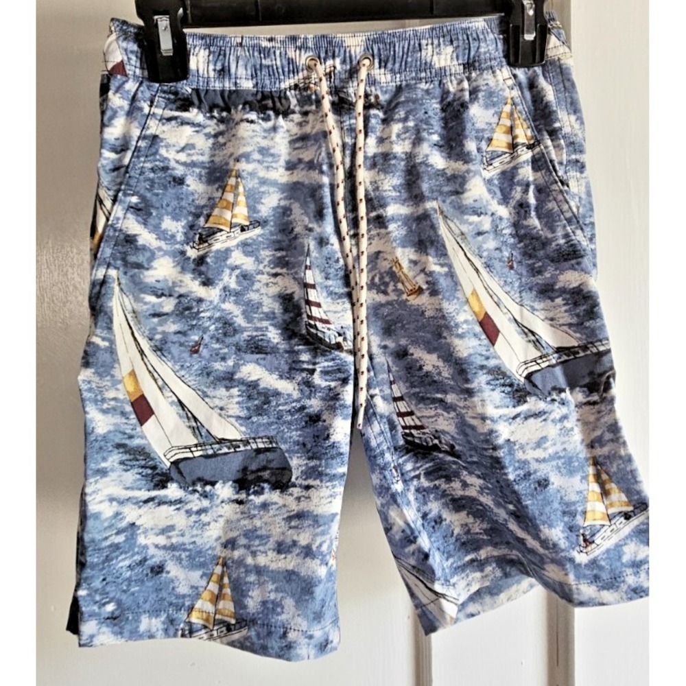 J Crew men Sz XS swim trunks tie waist pockets sailboats NEW